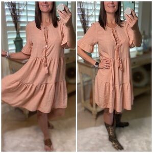 Tiered Striped Ruffle Tassel Babydoll Peach 1821